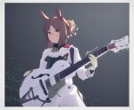  1girl absurdres animal_ears ascot black_shirt blush border breasts brown_hair closed_mouth coat collared_shirt fine_motion_(umamusume) gretsch gretsch_white_falcon grey_border guitar hair_bun highres holding holding_guitar holding_instrument horse_ears instrument long_sleeves looking_at_viewer shirt short_hair sign small_breasts smile solo takahashi_(user_ctpu5572) umamusume white_coat yellow_eyes 