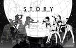  3girls black_footwear dress earth_(planet) english_text from_side globe greyscale grgr27 long_dress looking_down looking_up mirror_twins monochrome multiple_girls original planet ponytail short_hair silhouette standing star_(sky) 