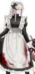  1girl alternate_costume apron arknights black_dress black_footwear blood blood_on_clothes closed_mouth commentary dragon_girl dragon_horns dress grey_hair gun hair_between_eyes highres holding holding_gun holding_weapon horns joshua_(shisanli934) long_hair long_sleeves maid maid_apron maid_headdress orange_eyes ponytail saria_(arknights) sidelocks simple_background solo standing symbol-only_commentary weapon white_apron white_background 
