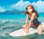  1girl badilave dyed_bangs green_eyes green_headband headband long_hair looking_at_viewer marvel multicolored_hair one-piece_swimsuit rogue_(x-men) smile solo surfboard swimsuit two-tone_bodysuit two-tone_hair water x-men 