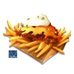  artist_logo cheese chili_con_carne fast_food food food_focus french_fries highres no_humans original sauce simple_background white_background yuki00yo 