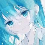  1girl absurdres aqua_bow aqua_bowtie aqua_eyes aqua_hair blue_eyes blue_theme bow bowtie close-up closed_mouth collared_shirt commentary_request dot_nose hair_between_eyes hatsune_miku highres izu_(izu_16016) long_hair looking_at_viewer necktie pale_skin portrait shirt sidelocks simple_background solo tears twintails vocaloid white_background white_shirt 