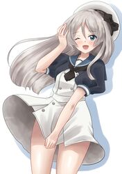  1girl black_jacket black_neckerchief blue_eyes blue_sailor_collar dress feet_out_of_frame grey_hair hat jacket javelin_(kancolle) kantai_collection kitagawa_mikio long_hair looking_at_viewer loose_hair_strand neckerchief one_eye_closed sailor_collar sailor_dress sailor_hat short_sleeves simple_background skirt_hold smile solo white_background white_dress white_hat 