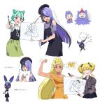  &gt;_&lt; :d arm_up bare_shoulders beret black_camisole black_dress black_hair black_headwear blonde_hair blue_hair blunt_bangs braid braided_bun camisole carron_(waccha_primagi!) carron_(waccha_primagi!)_(rabbit) child&#039;s_drawing chimumu closed_eyes closed_mouth clothing_cutout collared_shirt commentary_request dark-skinned_female dark_skin dolldolldd double_bun drawing_(object) dress eyewear_hang flexing foreshortening green_hair green_skirt hair_bun hat highres holding holding_paintbrush holding_sketchbook jennifer_sumire_sol kokoa_remon long_hair long_sleeves looking_at_viewer multicolored_hair multiple_views open_mouth paintbrush pretty_series purple_hair purple_shirt real_life red_eyes shirt short_hair shoulder_cutout sidelocks simple_background sketchbook skirt smile standing steepled_fingers streaked_hair sweater tanto_(waccha_primagi!) translation_request unworn_eyewear very_long_hair waccha_primagi! white_background white_sweater 