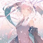  1girl aqua_hair bare_shoulders black_sleeves blue_background blue_eyes cherry_blossoms chinese_commentary collared_shirt commentary_request detached_sleeves falling_leaves falling_petals flower frilled_shirt frills gradient_background gradient_eyes gradient_hair grey_shirt hair_ribbon happy hatsune_miku highres leaf long_hair long_sleeves looking_at_viewer multicolored_eyes multicolored_hair necktie open_mouth petals pink_background pink_eyes pink_flower pink_hair pink_necktie purple_ribbon ribbon sakura_miku shangjinyoukaixin shirt simple_background sleeveless sleeveless_shirt smile solo striped_ribbon teeth transformation twintails upper_body very_long_hair vocaloid 