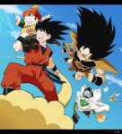  5boys arms_up black_hair brothers camera cloak clouds collarbone commentary_request dougi dragon_ball dragon_ball_(object) dragon_ball_z father_and_son flying flying_nimbus grin happy highres holding holding_camera long_hair multiple_boys muscular muscular_male open_mouth paper parent_and_child piccolo pilaf raditz ruto830 saiyan_armor scouter short_hair siblings smile son_gohan son_goku spiky_hair thumbs_up turban uncle_and_niece white_cloak white_turban 