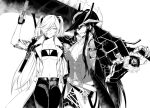  2girls abyssal_ship character_traits commission cosplay crossover dante_(devil_may_cry) dante_(devil_may_cry)_(cosplay) devil_may_cry_(series) executioner_(girls&#039;_frontline) girls_frontline greyscale gun halloween handgun hat highres kantai_collection mechanical_arms monochrome multiple_girls pants reizo_ne sangvis_ferri single_mechanical_arm southern_ocean_oni sword twintails weapon 