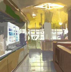  absurdres ceiling_light cupboard highres indoors interior kitchen light no_humans original painting_(medium) sanegesan scenery shadow sink tile_floor tiles traditional_media window 