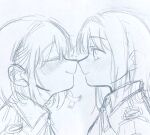  2girls blush closed_eyes closed_mouth commentary from_side greyscale hashtag-only_commentary heart highres inoue_takina long_hair looking_at_another lycoris_recoil monochrome multiple_girls nishikigi_chisato noses_touching profile short_hair smile traditional_media umv17fbxbybhwcf upper_body yuri 