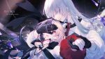  2girls arcaea ascot black_bow black_bowtie black_gloves black_hair black_ribbon blonde_hair blue_eyes bow bowtie coat collared_shirt english_text epaulettes evil_smile flower glass_shards gloves grey_hair hair_over_eyes highres holding_hands insight_(arcaea) leaning_back leaning_on_person light_particles light_rays long_hair looking_at_viewer maya_(arcaea) multicolored_hair multiple_girls one_eye_covered portal_(object) red_ascot red_eyes ribbon sad shirt single_epaulette sleeve_cuffs smile suzunashi two-tone_hair very_long_hair white_coat white_shirt 