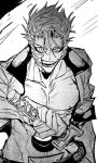  1boy absurdres arrancar bleach broken_mask collarbone collared_jacket evil_smile facial_mark greyscale grimmjow_jaegerjaquez hair_between_eyes halftone highres holding holding_sword holding_weapon hole_in_stomach jacket looking_at_viewer male_focus mask monochrome open_clothes open_jacket pectorals sheath sleeves_rolled_up smile solo sword teeth unsheathing upper_body weapon xi_luo_an_ya zanpakutou 