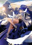  1girl absurdres arknights belly_chain bird blue_eyes blue_hair clouds flying grin highres jewelry ling_(arknights) long_hair looking_at_viewer shorts smile xinjinjumin6281053 