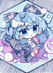  1girl black_footwear blue_bow blue_eyes blue_hair blue_skirt bow bowl chibi debt faux_traditional_media grey_hoodie hair_bow hood hoodie inukkomaru open_mouth skirt solo stuffed_animal stuffed_cat stuffed_toy touhou yorigami_shion 