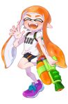  blush closed_eyes highres ink_tank_(splatoon) inkling inkling_girl inkling_player_character open_mouth orange_hair pntstroki pointy_ears purple_footwear shirt simple_background splatoon_(series) splatoon_1 splattershot_(splatoon) squid standing standing_on_one_leg tentacle_hair waving white_background white_shirt 