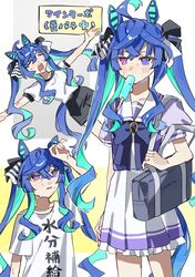  1girl @_@ ahoge animal_ears aqua_hair arm_up bag black_shorts blue_eyes blue_hair bow bowtie clenched_teeth closed_eyes crossed_bangs food food_in_mouth gym_shirt gym_uniform hair_bow heterochromia horse_ears horse_girl horse_tail long_hair looking_up mouth_hold multicolored_hair multiple_views nepipi open_mouth outstretched_arms pleated_skirt popsicle popsicle_in_mouth purple_shirt sailor_collar school_bag school_uniform sharp_teeth shirt short_sleeves shorts shoulder_bag sidelocks skirt striped_bow tail teeth tracen_school_uniform twin_turbo_(umamusume) twintails two-tone_hair umamusume very_long_hair violet_eyes white_sailor_collar white_shirt white_skirt 