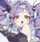 1girl :o black_sleeves breasts detached_sleeves dot_nose drill_hair grey_eyes hair_intakes hamita_(rikopin_ika) horns lace-trimmed_ribbon lace_trim long_hair medium_breasts open_mouth original parted_bangs portrait purple_hair red_pupils ribbon sharp_teeth simple_background solo teeth turning_head twin_drills twintails white_background white_ribbon