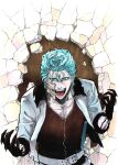  1boy belt black_shirt bleach bleach:_sennen_kessen-hen blue_eyes blue_hair claws commentary crack cracked_wall english_commentary facial_mark fangs fighting_stance grimmjow_jaegerjaquez hair_between_eyes hands_up katana long_sleeves looking_at_viewer open_clothes open_mouth open_shirt scar scar_on_chest shirt short_hair sideburn004 smile solo spoilers straight-on sword teeth tongue upper_body weapon white_belt white_shirt 
