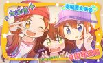  3girls baseball_cap beanie blue_eyes blue_hoodie blush brown_hair character_request chinese_commentary chinese_text commentary_request embarrassed furrowed_brow green_eyes hair_over_shoulder hand_on_another&#039;s_shoulder happy hat heart height_difference highres hood hood_down hoodie hoshiai_no_sora long_hair long_sleeves low_twintails multiple_girls one_eye_closed open_mouth picture_frame purple_hat red_hat red_sleeves shirt short_hair sidelocks simple_background smile star_(symbol) teeth translation_request twintails upper_body upper_teeth_only v wavy_hair white_background white_shirt yellow_eyes yellow_shirt yomimi555 