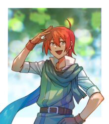  1boy :d adol_christin ahoge arkibk belt blurry blurry_background border brown_gloves commentary_request gloves green_scarf grey_eyes hand_on_own_hip high_collar highres male_focus outside_border redhead salute scarf short_hair smile white_border ys 