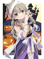  1girl alternate_costume bandaged_head bandaged_leg bandaged_neck bandages bare_shoulders border breasts closed_mouth commentary_request cowboy_shot dress grey_eyes grey_hair hair_horns halloween halloween_costume hands_up highres jack-o&#039;-lantern long_hair looking_at_viewer magia_record:_mahou_shoujo_madoka_magica_gaiden mahou_shoujo_madoka_magica outline outside_border own_hands_together pumpkin purple_dress ruru_(rurumagi) satomi_nayuta sidelocks smile solo standing twintails white_border white_outline 