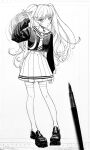  1girl :/ adjusting_hair art_tools_in_frame blush full_body greyscale highres loafers long_hair looking_at_viewer monochrome nib_pen_(medium) nib_pen_(object) original pen photo_(medium) sailor_collar school_uniform serafuku shirt shoes skirt thigh-highs traditional_media twintails wavy_hair yamagata_atsuka zettai_ryouiki 