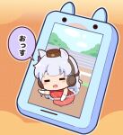  1girl :d =_= animal_ears blush_stickers bow brown_background brown_hat cellphone chibi closed_eyes dress ear_bow ear_covers facing_viewer gold_ship_(umamusume) gomashio_(goma_feet) grey_hair hat horse_ears horse_girl horse_tail long_hair mini_hat phone phone_with_ears purple_bow red_dress smile solo tail translation_request umamusume very_long_hair 