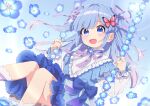  1girl :d blue_bow blue_dress blue_eyes blue_hair blush bow butterfly_hair_ornament dress floral_background flower flower_swing frilled_dress frills gradient_hair hair_ornament hair_ribbon holding indie_virtual_youtuber long_hair looking_at_viewer mamyouda multicolored_hair purple_hair purple_ribbon ribbon rurino_nemo sitting smile socks solo swing two_side_up virtual_youtuber white_socks 