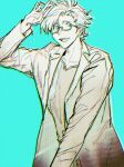  1boy absurdres arm_up blue_eyes chinese_commentary chromatic_aberration coat commentary_request exit404 glasses greyscale_with_colored_background highres kanou_aogu long_sleeves male_focus open_clothes open_coat open_mouth rectangular_eyewear saibou_shinkyoku semi-rimless_eyewear shirt short_hair smile solo spot_color upper_body 