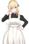  1girl absurdres adjusting_eyewear apron bespectacled black_dress blonde_hair closed_mouth collared_dress commentary dress glasses grey-framed_eyewear hand_on_own_hip hand_up highres long_sleeves looking_at_viewer love_live! love_live!_nijigasaki_high_school_idol_club maid maid_apron maid_headdress miyashita_ai orange_eyes ponytail qaqyes_re sidelocks smile solo standing upper_body 