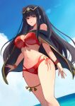  1girl bikini black_cape black_hair blue_sky blunt_bangs breasts cape clouds cloudy_sky dutch_angle fire_emblem fire_emblem_awakening fire_emblem_heroes gold_trim highres labebebe_lee lens_flare long_hair looking_at_viewer navel o-ring o-ring_bikini official_alternate_costume one_side_up pink_nails red_bikini sky smile swimsuit tharja_(fire_emblem) tharja_(summer)_(fire_emblem) tiara 