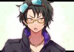  1boy biseibutu black_hair glasses gnosia goggles green_hair highres jacket jewelry long_sleeves looking_at_viewer male_focus necklace sha-ming shirt short_hair solo upper_body zipper 