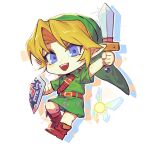  1boy 1girl blonde_hair blue_eyes boots brown_footwear dele14375735 fairy green_skirt green_tunic highres hylian_shield leather leather_belt leather_boots link phrygian_cap shield skirt tatl the_legend_of_zelda the_legend_of_zelda:_majora&#039;s_mask tunic young_link 