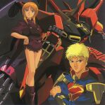  1990s_(style) 1boy 1girl age_difference armor bawoo blonde_hair blue_eyes boots commentary cover dvd_cover elpeo_puru english_commentary glemy_toto gundam gundam_zz hands_on_own_hips highres key_visual kitazume_hiroyuki looking_at_viewer mecha military_uniform mobile_suit neo_zeon official_art orange_hair promotional_art qubeley_mk_ii retro_artstyle robot scan serious shorts shoulder_armor traditional_media uniform 