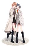  2girls absurdres ahoge black_footwear black_hair black_skirt blue_eyes boots brown_hair brown_sweater cleavage_cutout clothing_cutout coat full_body hair_ornament hand_on_own_cheek hand_on_own_face hayase_illusut highres hikigaya_komachi isshiki_iroha jacket knee_boots looking_at_viewer miniskirt multiple_girls one_eye_closed open_mouth pencil_skirt ribbed_sweater short_hair simple_background skirt smile standing stone_floor sweater transparent_background white_coat white_jacket winter_clothes x_hair_ornament yahari_ore_no_seishun_lovecome_wa_machigatteiru. 