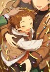  1other 3boys age_difference aged_down akari-chan_(e) blurry blurry_edges brown_coat brown_hair child closed_eyes coat confetti depth_of_field dot_nose ensemble_stars! from_above hand_on_another&#039;s_back hand_on_another&#039;s_head highres hood hood_down hoodie hug layered_clothes light_blush long_sleeves male_focus multiple_boys official_style open_mouth orange_shirt padded_coat raised_eyebrows ruffling_hair shirt short_bangs short_hair sleeveless sleeveless_coat smile solo_focus tenma_mitsuru white_hoodie 