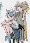  2girls :d absurdres animal_ears bat_wings blue_eyes blue_hair brown_eyes cat_ears conchelle_monyanism grey_hair hair_brush highres holding lasagna_oichizu morumorumimiri mouse_ears multiple_girls red_ribbon ribbon shirt smile sparkle stool towelket_wo_mou_ichido white_shirt wings 