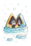  alternate_color blue_eyes closed_eyes commentary english_commentary ice no_humans oliver_hamlin painting_(medium) pokemon pokemon_(creature) shiny_and_normal shiny_pokemon simple_background snorunt snowing standing teeth traditional_media u_u water watercolor_(medium) white_background 