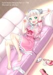  1girl barefoot blush commentary_request commission couch dress full_body green_eyes grey_hair highres jakelian kashiwagi_mia looking_at_viewer lying on_back ongeki open_mouth pink_dress pixiv_commission shoes short_hair smile solo toes unworn_shoes unworn_socks 
