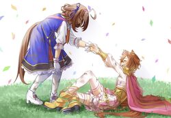  2girls :d ahoge animal_ears armor blue_dress blue_jacket boots brown_hair brown_tail cape closed_eyes commentary_request confetti cropped_shirt crown dirt dirty dirty_clothes dress full_body getting_up gloves gold_armor gold_footwear grass hand_on_own_knee happy helping high_heel_boots high_heels highres holding_hands horse_ears horse_girl horse_tail isobee jacket jewelry knee_up leaning_forward long_sleeves medium_hair meisho_doto_(umamusume) mini_crown multicolored_clothes multicolored_skirt multiple_girls multiple_rings on_ground open_mouth orange_hair orange_tail pauldrons pink_cape pink_skirt pleated_skirt red_skirt ring shirt short_hair shoulder_armor sitting skirt sleeveless sleeveless_jacket smile standing t.m._opera_o_(umamusume) tail thigh-highs two-tone_skirt umamusume v-shaped_eyebrows vambraces white_footwear white_gloves white_hair white_shirt white_skirt white_thighhighs 