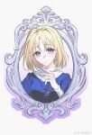  1girl ahoge blonde_hair crescent crescent_necklace eien_galaxy_ko elena_stoddart hair_between_eyes highres jewelry looking_at_viewer necklace parted_bangs picture_frame portrait short_hair simple_background solo upper_body violet_eyes white_background ys ys_iii_wanderers_of_ys 