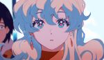  1boy 1girl 43_pon bad_id bad_twitter_id blue_eyes blue_hair blurry blurry_background cross-shaped_pupils derivative_work earrings hair_between_eyes highres jewelry long_hair looking_at_viewer multicolored_hair nia_teppelin open_mouth screenshot_redraw simon_(ttgl) solo_focus symbol-shaped_pupils tengen_toppa_gurren_lagann two-tone_hair upper_body 