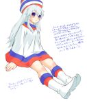  1girl bad_drawr_id bad_id blue_eyes blush boots character_request copyright_request full_body hat invisible_chair knee_boots long_hair oekaki simple_background sitting solo translation_request white_background white_hair 