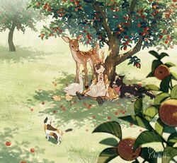  1girl against_tree animal bird black_footwear black_hair book boots calico calico_cat cat chick closed_eyes deer dog food fruit fruit_tree goose grass hinata_(echoloveloli) holding holding_book open_mouth original outdoors peach peach_tree shadow signature squirrel tree 