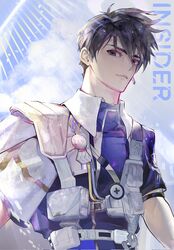  1boy arknights asymmetrical_clothes bandolier belt_pouch black_hair blue_eyes character_name chest_strap closed_mouth clouds cloudy_sky collar collared_shirt commentary hair_between_eyes hand_out_of_frame hashtag-only_commentary headset high_collar highres insider_(arknights) looking_at_viewer male_focus multicolored_clothes multicolored_shirt namanari pouch shirt short_sleeves sky solo strap tactical_clothes upper_body white_collar 