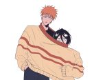  1boy 1girl awkward black_hair bleach brown_sweater commentary_request cowboy_shot double-parted_bangs frown gwao_(_ul_13) hair_between_eyes hand_in_pocket height_difference highres korean_commentary kuchiki_rukia kurosaki_ichigo looking_at_another looking_at_viewer looking_down orange_hair shared_clothes shared_sweater short_hair side-by-side simple_background sleeves_past_wrists spiky_hair sweatdrop sweater v-shaped_eyebrows white_background wide-eyed 