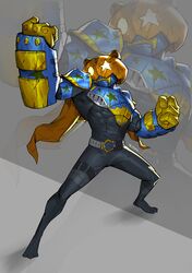  1boy absurdres animal_ears armor bear bear_head black_bodysuit black_footwear bodysuit cape clenched_hands desire_driver driver_(kamen_rider) gauntlets gloves glowing glowing_eyes glowing_fist highres id_core jack-o'-lantern kamen_rider kamen_rider_geats_(series) kamen_rider_punkjack looking_at_viewer male_focus maniaxpunk monster_buckle orange_cape power_fist raise_buckle rider_belt solo spread_legs star_(symbol) tokusatsu zoom_layer 