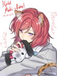  1girl :x biting character_name dated ear_biting eyes_visible_through_hair fangs grey_jacket happy_birthday hashtag-only_commentary highres jacket kemonomimi_mode long_hair looking_at_viewer love_live! love_live!_school_idol_project nishikino_maki panther_ears panther_tail parted_bangs redhead shirt simple_background solo stuffed_animal stuffed_rabbit stuffed_toy turn_pale upper_body violet_eyes white_background white_shirt zenma_trang 
