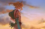  1boy absurdres artist_name blonde_hair blue_eyes body_markings closed_mouth clouds cloudy_sky gamza green_sash hair_between_eyes hand_on_own_hip highres link long_hair looking_at_viewer male_focus outdoors pointy_ears sash sidelocks sky solo tassel the_legend_of_zelda the_legend_of_zelda:_tears_of_the_kingdom toga upper_body 