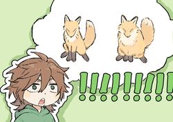  ! !! 1boy brown_hair constricted_pupils dot_nose fox gigantea_pp green_background green_eyes green_hoodie hair_between_eyes hood hood_down hoodie isoi_reiji male_focus medium_hair open_mouth saibou_shinkyoku solo surprised v-shaped_eyebrows 