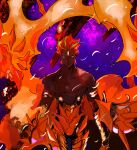  1boy ashwatthama_(fate) bad_id bad_pixiv_id dark-skinned_male dark_skin enilefilnoztlaw fate/grand_order fate_(series) fire hair_slicked_back highres looking_at_viewer male_focus muscular muscular_male redhead smile solo topless_male yellow_eyes 